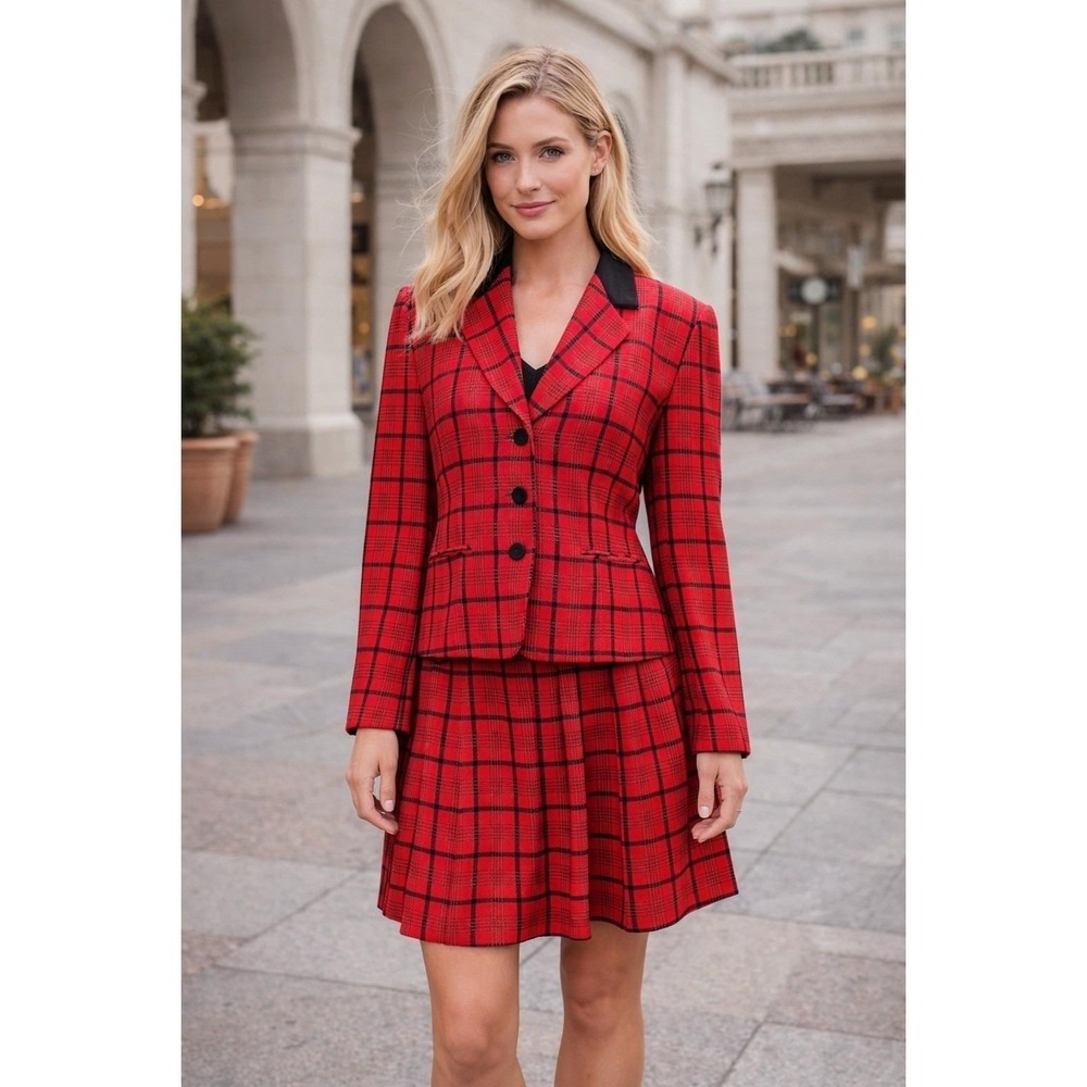 Vintage Pendleton Blazer Skirt Suit Set Women's 12 Red Plaid Tartan Wool USA 70s